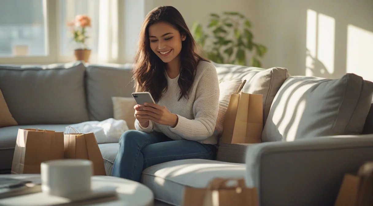 Smiling shopper receiving an order confirmation SMS at home