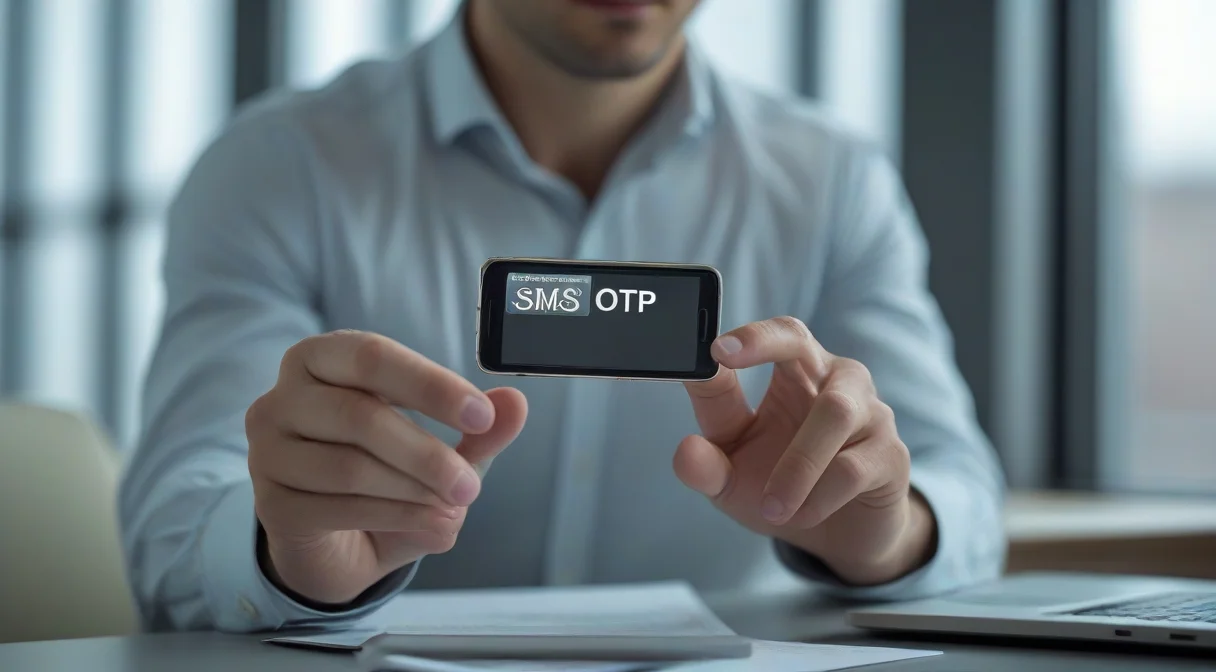 Fintech user entering an OTP code from SMS into a banking application