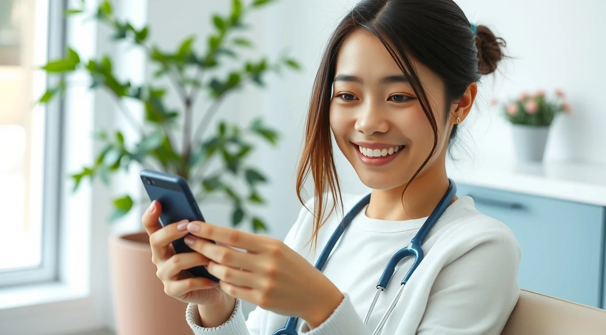 Patient in a clinic waiting room receiving an appointment reminder on their phone