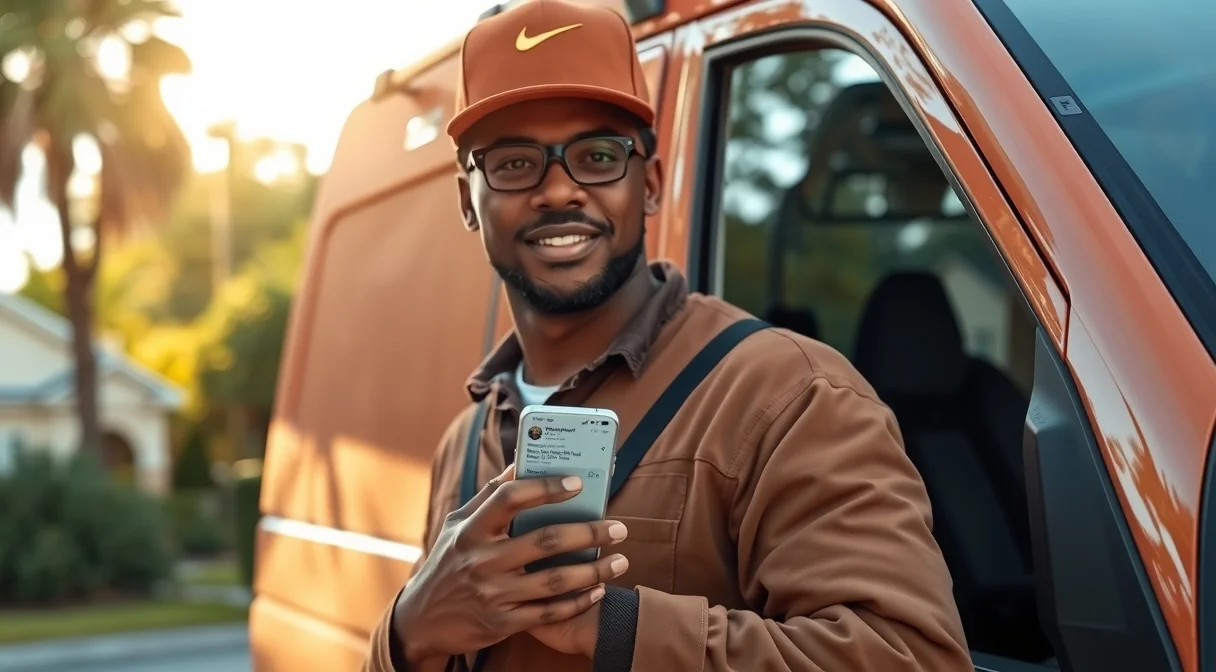 Logistics delivery driver checking package tracking updates on a smartphone