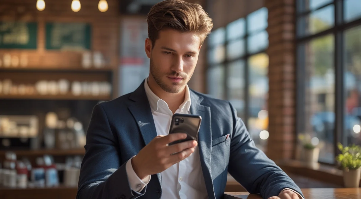Professional sending SMS to United States on smartphone in coffee shop