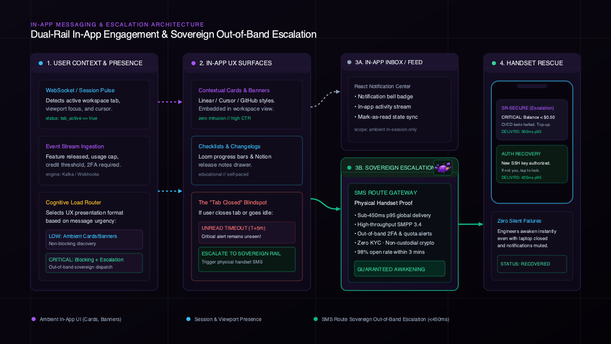 In-App Messaging and Sovereign Out-of-Band Escalation Architecture Diagram