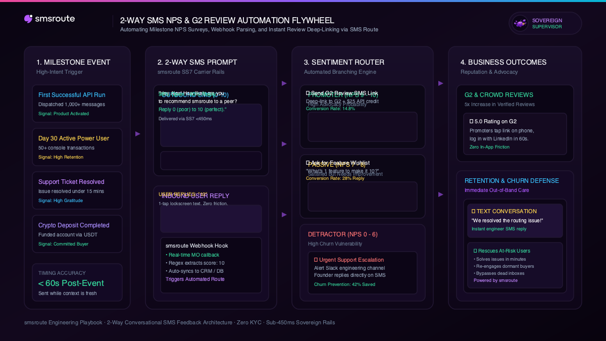 2-Way SMS NPS Survey and G2 Review Request Flywheel Architecture Diagram