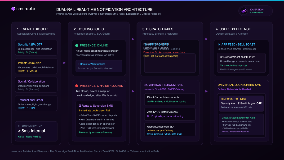 Dual-Rail Real-Time Notification Architecture Diagram: In-App WebSockets and Sovereign SMS Rails